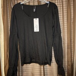 Bobi Black Long Sleeve Cotton Top Smocked Sleeves